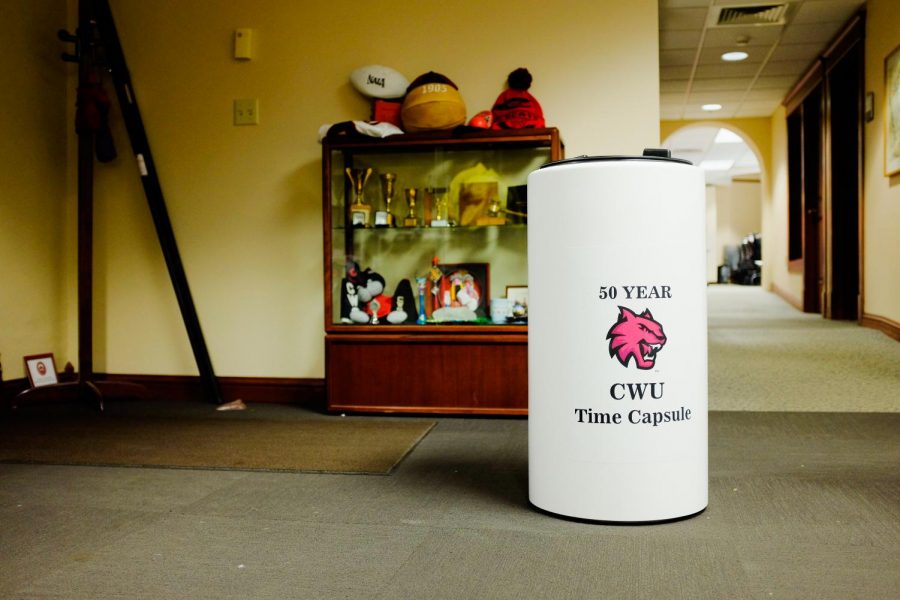 The 50-year CWU time capsule sits in the alumni office in the first floor of Barge until it gets buried.