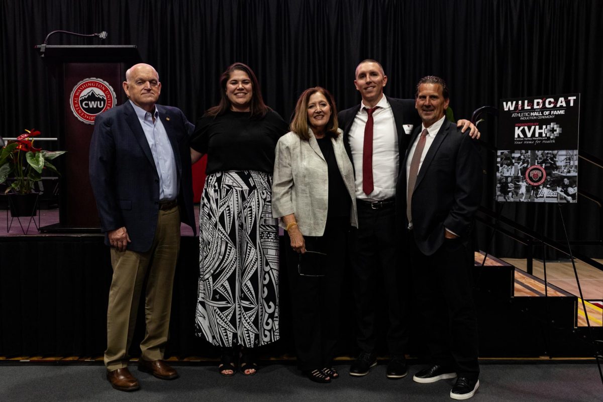 Athletic Hall of Fame inductees left to right: Jim Gaudion, Shaina Afoa, Katie Gaudion, Johnny Spevak and Greg Olson. (Photo courtesy of Jacob Thompson/Thompson Sports Media)