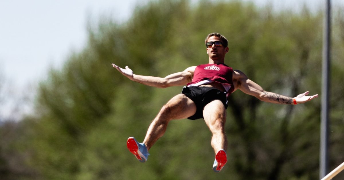 Drew Klein flies into first place in decathlon during GNAC Multi-Event Championship Tournament.
(Photo coutresy of Jacob Thompson/Thompson Sports Media)